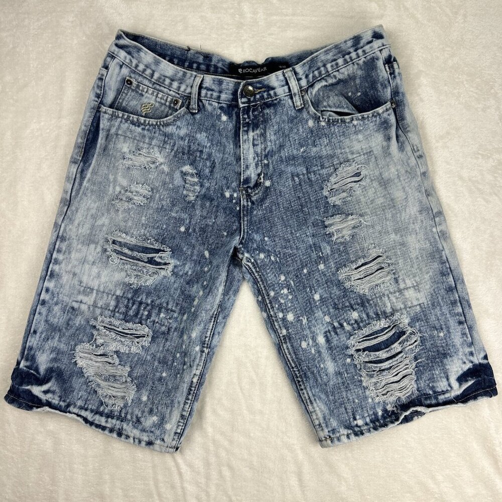 ROCAWEAR Jeans Short Men's Size 36 Blue Distressed Denim